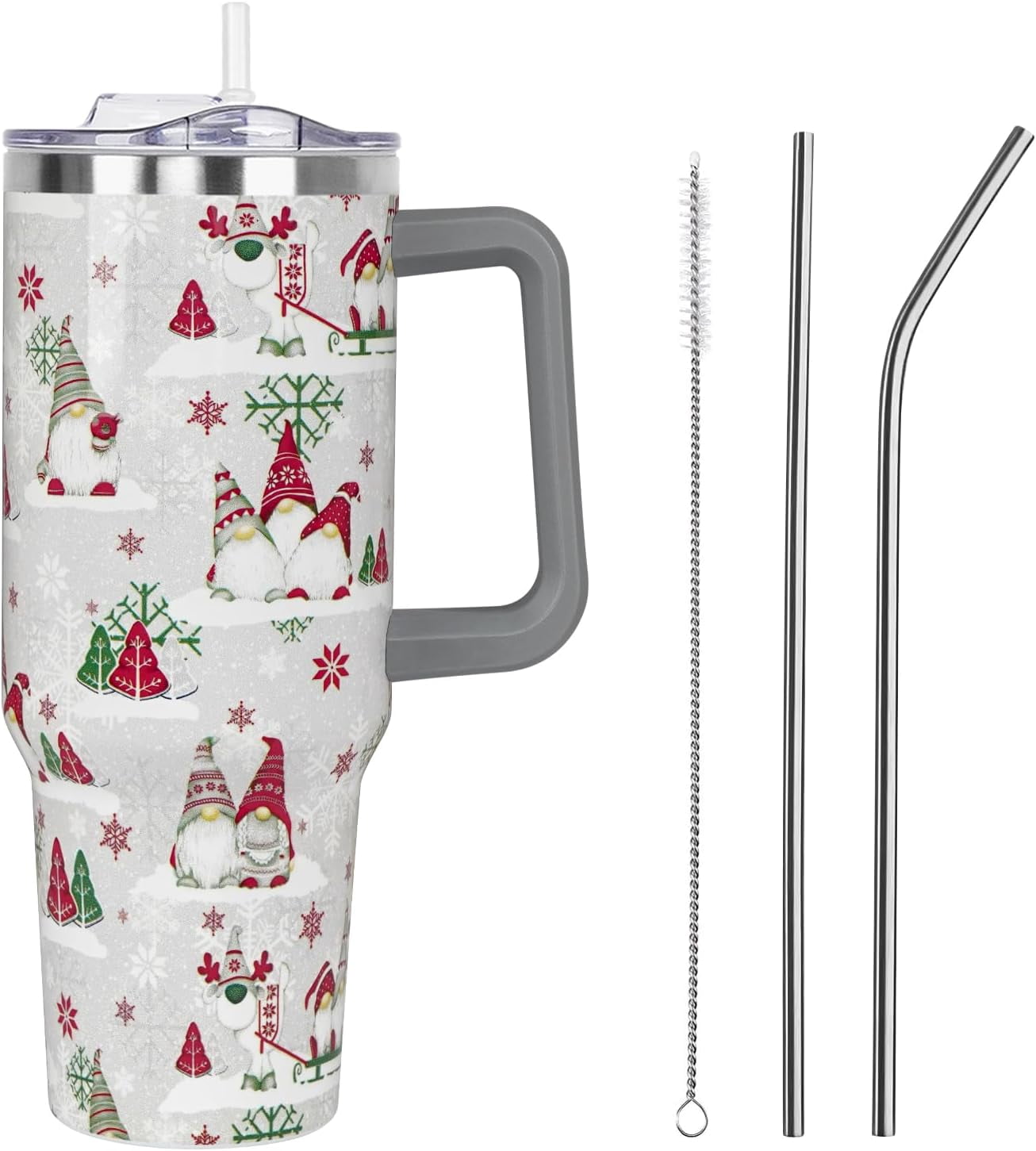 Christmas Winter Tumbler with Handle and Straw Lid 40 oz,Cute Merry Xmas Gnome Snowflake Gifts for Women Vacuum Insulated Leak Proof Tumbler,Holiday Accessories Stainless Steel Coffee Cup (Red/Green)