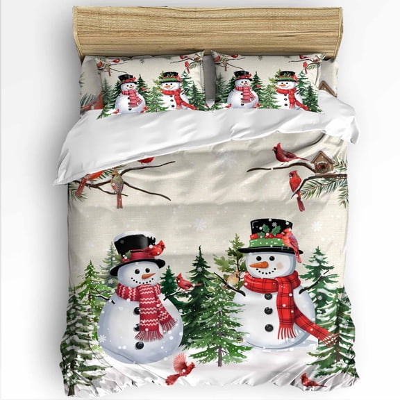 Christmas Winter Twin Size Comforter Set, Snowman Pine Needle Cardinal Xmas Tree Soft Bedding for All Seasons, 4 Pcs Bed Set with 1 Comforter (68"x86") ,1Sheet(66"x116"), 2 Pillowcases (19"x29")