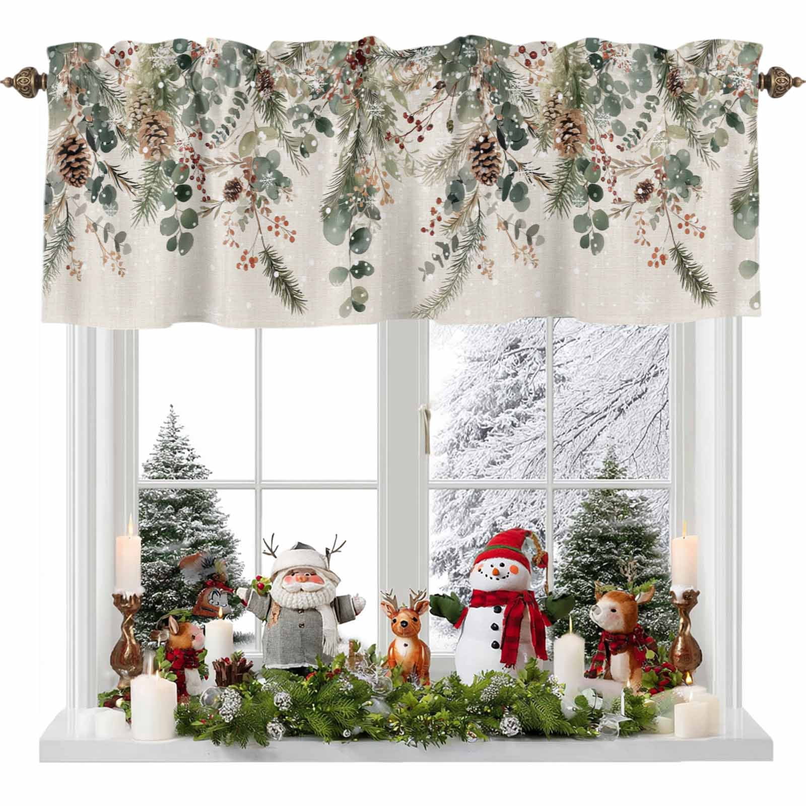 Christmas Winter Valance Curtain for Windows Pine Tree Berry Eucalyptus Retro Linen Curtain Valances Short Window Treatments Panels for Kitchen Bathroom Laundry Room Basement 60 x 18 Inch