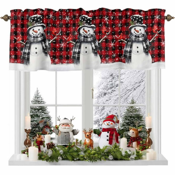 Christmas Winter Valances for Windows, 54 x 18in, Snowflake Snowman Cone Red Buffalo Plaid Rod Pocket Kitchen Valance Curtain Light Filtering Window Treatments for Living Room Bedroom, 1 Panel