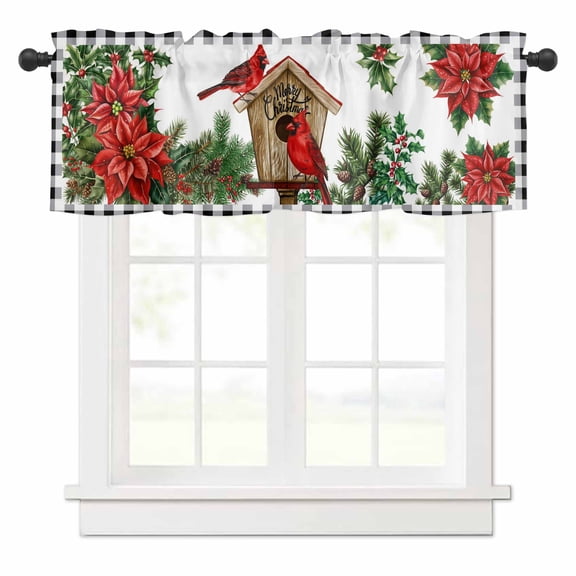 Christmas Winter Valances for Windows Cardinal Flowers Bird Poinsettia Log Cabin Rod Pocket Curtain Valance Window Treatment Short Curtains for Kitchen Living Room, 42"x12"