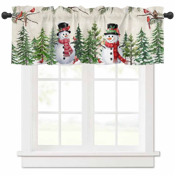 Christmas Winter Valances for Windows, Snowman Pine Needle Cardinal Xmas Tree Light Filtering Window Treatment Valances, Rod Pocket Small Curtains for Kitchen/Bathroom, 56"x16"