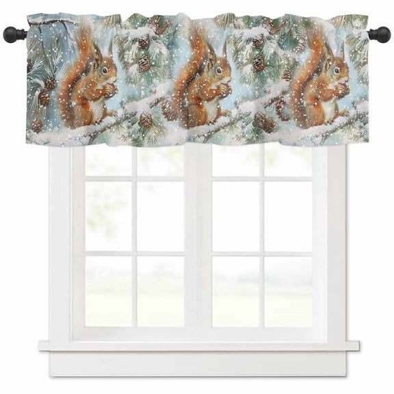 Christmas Winter Valances for Windows, Squirrel Pine Tree Pine Cone Snowscape Light Filtering Window Treatment Valances, Rod Pocket Small Curtains for Kitchen/Bathroom, 60"x18"