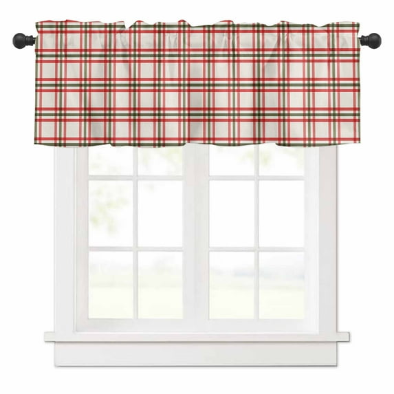 Christmas Winter Valances for Windows Vintage Farmhouse Red Green Lattice Rod Pocket Curtain Valance Window Treatment Short Curtains for Kitchen Living Room, 42"x18"