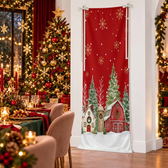 Christmas Winter Village Banner Fabric Backdrop, 27X78 Inch Rustic Snowy Barn Pine Trees Red Welcome Sign Banner with Hanging String, Reusable Backdrop for Wedding Birthday Party Yard Wall Decor