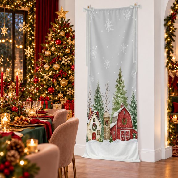 Christmas Winter Village Banner Fabric Backdrop, 27X78 Inch Rustic Snowy Red Barn Pine Trees Welcome Sign Banner with Hanging String, Reusable Backdrop for Wedding Birthday Party Yard Wall Decor
