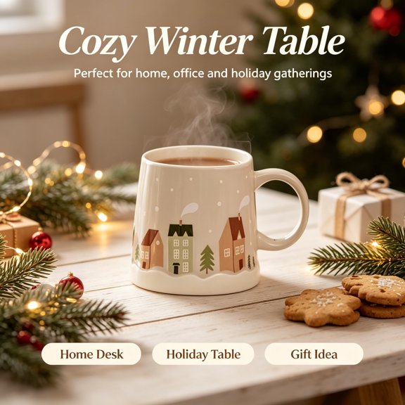 Christmas Winter Village Ceramic Mug Snow Town House Design Hot Cocoa Tea Coffee Cup, 12 oz, Cozy Holiday Drinkware Gift