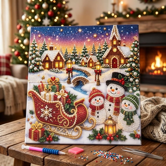 Christmas Winter Village Diamond Painting Kit for Adult Beginners Full Round Resin Rhinestone Art with Inner Frame Backboard Snowman Sleigh Xmas Night Scene Wall Decor DIY Holiday Gift