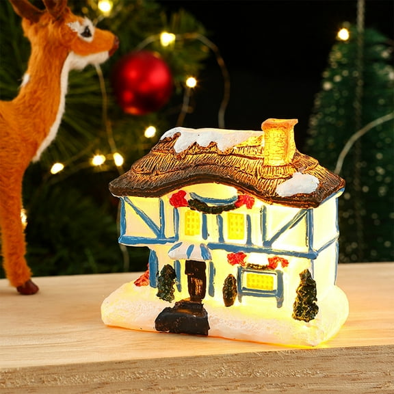 Christmas Winter Village Houses Set, LED Lighted Resin Figurines With Cedar Tree And Street Lamp, Miniature Holiday Scene Decor For Tabletop Display