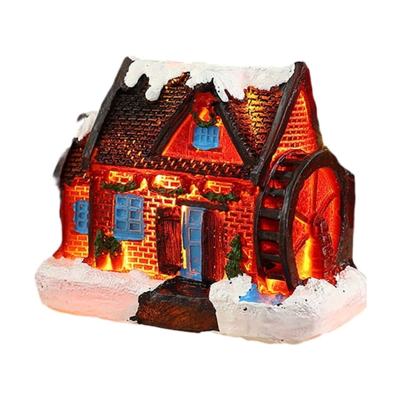 Christmas Winter Village Houses Set, LED Lighted Resin Figurines With Cedar Tree And Street Lamp, Miniature Holiday Scene Decor For Tabletop Display