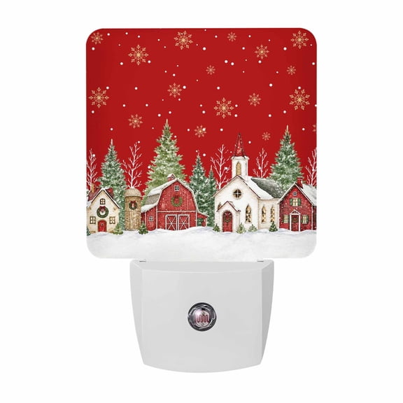Christmas Winter Village LED Night Light, Rustic Snowy Barn Pine Trees Red Night Lights plug into Wall with Smart Sensor Dusk to Dawn Sensor for Nursery Bedroom 2.95x4.5in