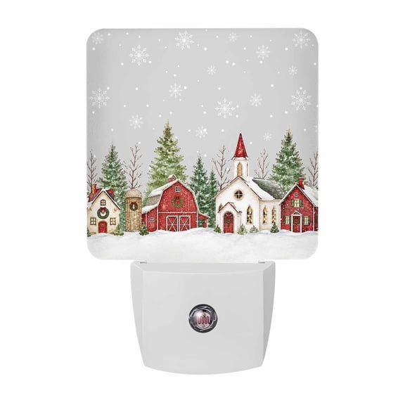 Christmas Winter Village LED Night Light, Rustic Snowy Red Barn Pine Trees Night Lights plug into Wall with Smart Sensor Dusk to Dawn Sensor for Nursery Bedroom 2.95x4.5in