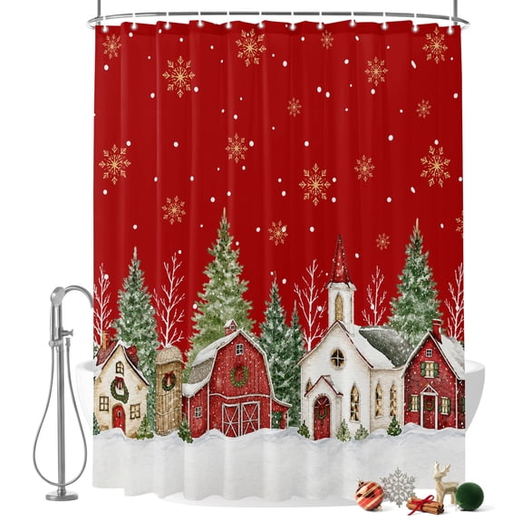 Christmas Winter Village Shower Curtain, Rustic Snowy Barn Pine Trees Red Waterproof Washable Fabric Bathroom Shower Curtain with 12 Hooks, 36" x 72"