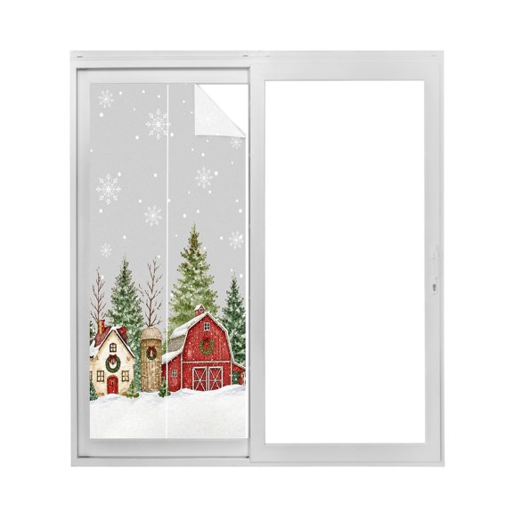 Christmas Winter Village Window Privacy Film Rustic Snowy Red Barn Pine Trees Decorative Glass Window Film UV Blocking Static Cling Non-Adhesive Sticker Covering for Home Door 19.6 x 39.3 inches