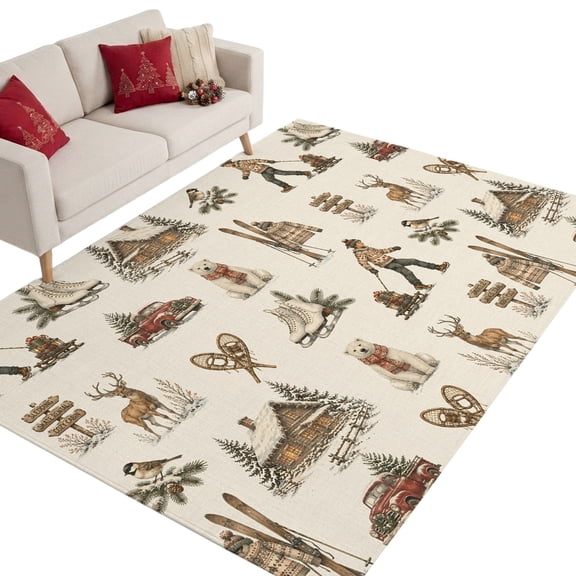 Christmas Winter Washable Area Rug 5 x 7 ft Rustic Beige Skier Figure Truck Bear Cabin House Soft Non‑Slip Rugs Stain Repellent Indoor Mats for Living‑Room, Formal Dining Room, Recreation Room