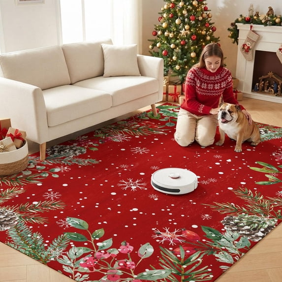 Rustic Wool Rugs Christmas Winter Washable Area Rug 5x7 Rustic Holly Leaves Berries Pine ...