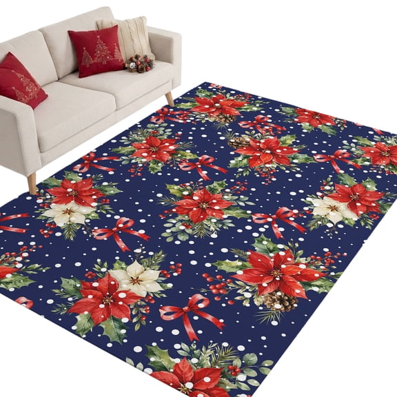Christmas Winter Washable Area Rug 8 x 10 ft Red White Poinsettia Blooms Snowfall Navy Blue Soft Non‑Slip Rugs Stain Repellent Indoor Mats for Open Concept Home, Dining Space, Basement Lounge