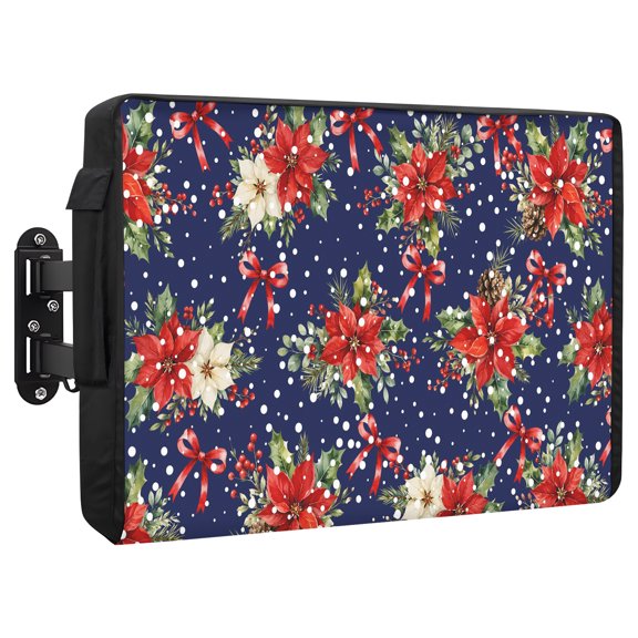 Christmas Winter Waterproof Outdoor TV Cover, Red White Poinsettia Blooms Snowfall Navy Blue Outside Weatherproof TV Enclosures for 30 to 32 Inch LCD Television Shield Flat Screen Protectors