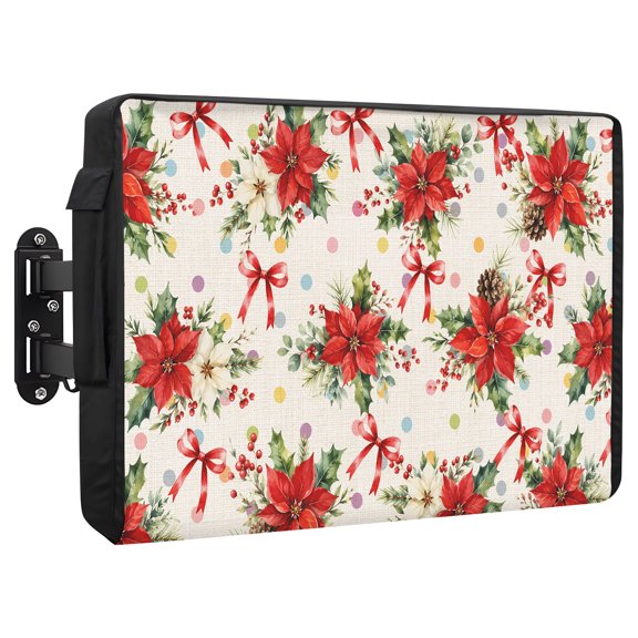 Christmas Winter Waterproof Outdoor TV Cover, Rustic Red Poinsettia Bloom Pinecone Holly Berry Outside Weatherproof TV Enclosures for 36 to 39 Inch LCD Television Shield Flat Screen Protectors