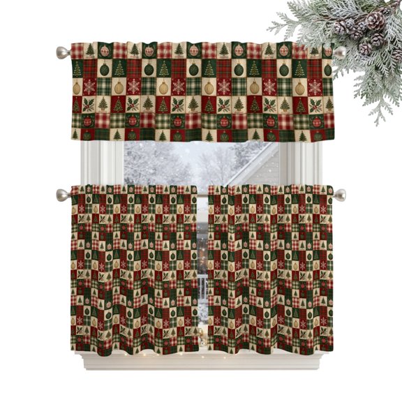 Christmas Winter Window Curtains Valance Set of 3 Retro Red Green Beige Patchwork Pine Tree Rod Pocket Small Kitchen Curtain, Soft Window Treatment for Bedroom Party Holiday Decor