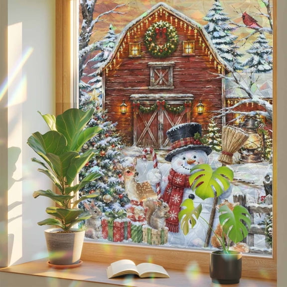 Christmas Winter Window Privacy Film, Farmhouse Snowman Red Barn Deer Snow Pine Tree Static Cling Stained Glass Window Sticker Decorative Removable Rainbow Film for Glass 17.7”x39.3”