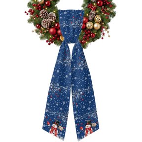 Christmas Winter Wreath Sash for Front Door 4.5"x56", Rustic Top Hat Scarf Snowman Snowflake Navy Blue Double-Sided Bow Ribbon Decor for Wreaths, Stair Railings, Fireplace Mantel
