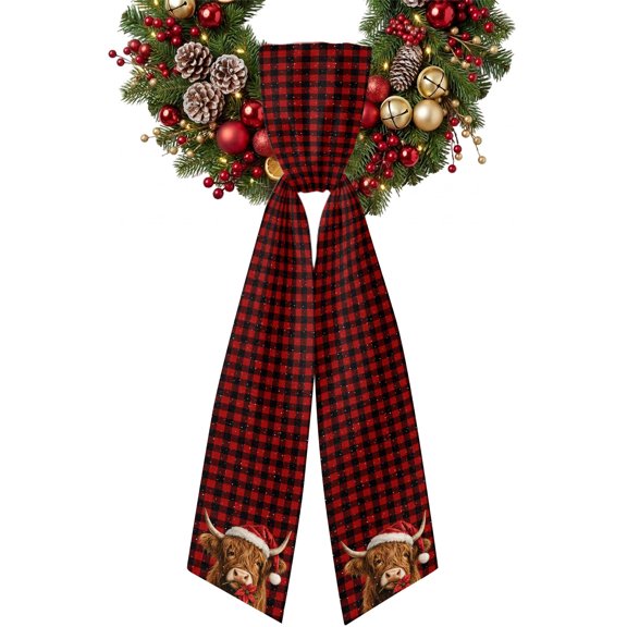 Christmas Winter Wreath Sash for Front Door Country Santa Hat Highland Red Poinsettia Gingham Ribbon Sash, Winter Holiday Wreath Accessories for Yard Porch Doorway Decor , 4.9 x 56 Inches