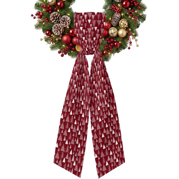 Christmas Winter Wreath Sash for Front Door Minimalist Christmas Pine Fir Trees Forest Red Ribbon Sash, Winter Holiday Wreath Accessories for Yard Porch Doorway Decor , 4.9 x 56 Inches