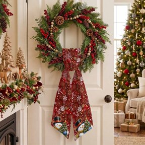 Christmas Winter Wreath Sash for Front Door, Rustic Snowman Top Hat Scarf Christmas Tree Sash for Wreath, Home Decor Wall Window Porch Decoration Indoor Outdoor 4.5'' x 56''
