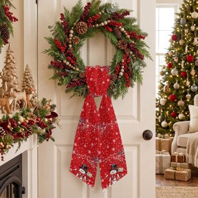 Christmas Winter Wreath Sash for Front Door, Rustic Snowman Top Hat Scarf Snowflake Red Sash for Wreath, Home Decor Wall Window Porch Decoration Indoor Outdoor 4.5'' x 56''