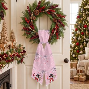 Christmas Winter Wreath Sash for Front Door, Rustic Top Hat Red Scarf Snowman Bauble Pink Sash for Wreath, Home Decor Wall Window Porch Decoration Indoor Outdoor 4.5'' x 56''