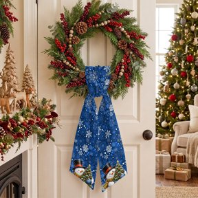 Christmas Winter Wreath Sash for Front Door, Snowman Top Hat Christmas Tree Blue Background Sash for Wreath, Home Decor Wall Window Porch Decoration Indoor Outdoor 4.5'' x 56''