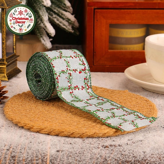 Christmas Wired Burlap Ribbon,Poinsettia Plaid Print Fabric Ribbon for Gift Wrapping,DIY Bow Making,Wreath,Xmas Tree Ornaments,Holiday Party Decoration