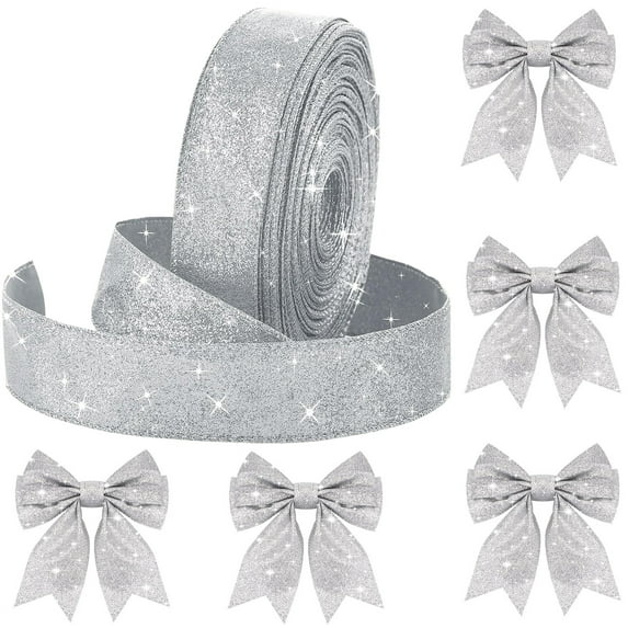 Christmas Wired Edge Ribbon,Bexikou 20 Yards 1.57 Inch Silver Wired Ribbon,Waterproof Sparkly Ribbon Garland for Gifts Wrapping Cards Crafts Wreaths Holiday Party Home Christmas Decoration