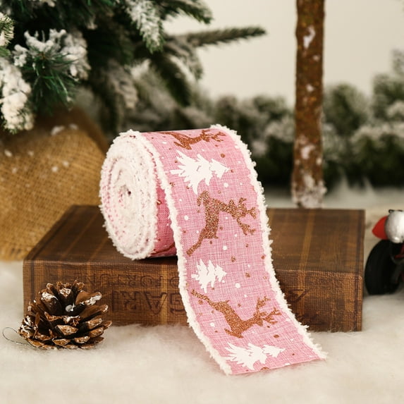Christmas Wired Edge Ribbon, Burlap Christmas Tree Reindeer Ribbon for Christmas Tree Wreath Crafting Ribbon for Decoration and Bows, 2.5" x 5 Yards, Pink