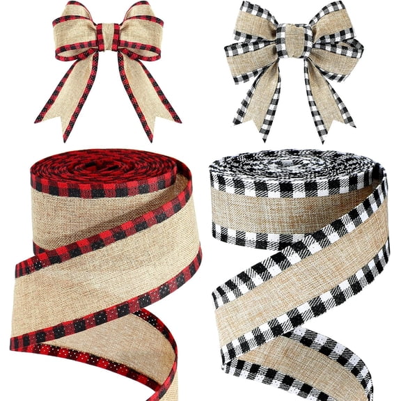 Christmas Wired Edge Ribbons, Buffalo Plaid Ribbons Christmas Burlap, Fabric Craft Ribbon Natural Wrapping Ribbon Rolls with Checkered Edge for DIY Craft, Gift Wrapping, Christmas