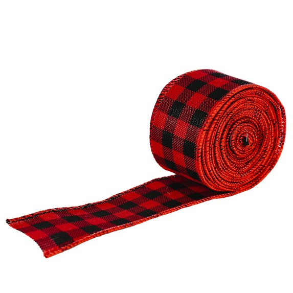 Christmas Wired Edge Ribbons Christmas Buffalo Plaid Ribbon Solid Color Burlap Ribbon Gingham Craft Ribbon for Christmas DIY Wrapping Party Bow Craft Making Red,1PC,2M