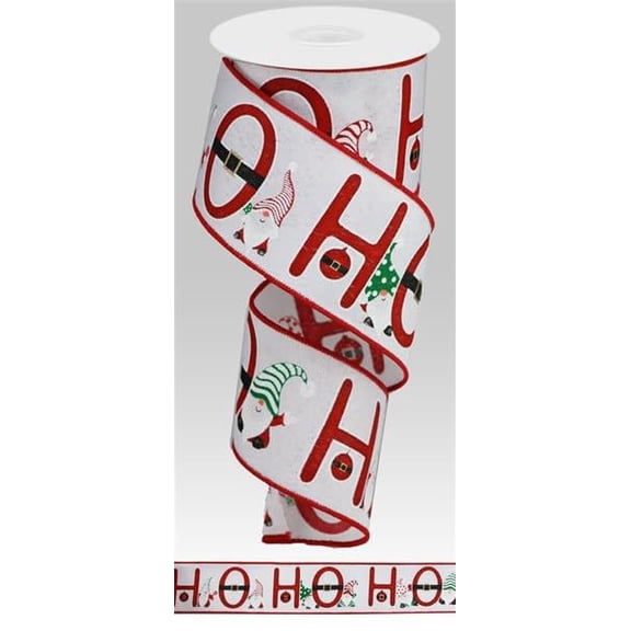 Christmas Wired Ribbon - Ho Ho Ho Santa Gnomes - White, Red, Green & Gold - 2.5 Inches x 10 Yards (30 Feet)