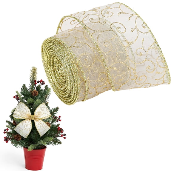 Christmas Wired Ribbon, Ivory Sheer Organza with Gold Glitter Swirl Pattern, Metallic Edge for Tree Decor, Gift Wrapping and Bows