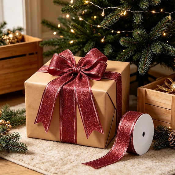 Christmas Wired Ribbon Roll, 354 Inch Holiday Ribbon for Gift Wrapping and Wreaths, Polyester with Metallic Edge, 1.5 Inch Wide - Red