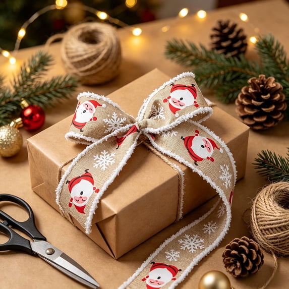 Christmas Wired Ribbon,Vintage Ornaments Christmas Wired Ribbon Plushes Faux-Linen Ribbon For Christmas Gift Boxes And Wrapping