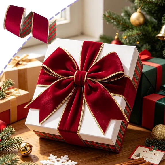 Christmas Wired Ribbon with Gold Trim, Plaid Fabric Ribbon Roll, Gift Wrapping Wreath Tree Decor