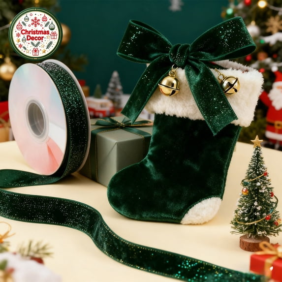 Christmas Wired Velvet Ribbon 5Yards,Soft Fabric Glitter Ribbon for Xmas Tree Decoration,Gift Wrapping,DIY Bow,Wreath Making,Holiday Home Party Supplies