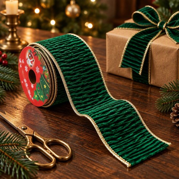 Christmas Wired Velvet Ribbon, Crinkled Texture Textile Ribbon With Gold Edge, Wired Edge Christmas Ribbon For Christmas Tree, Wreath, Present Wrapping, Gift Box Decoration, Christmas Ornament