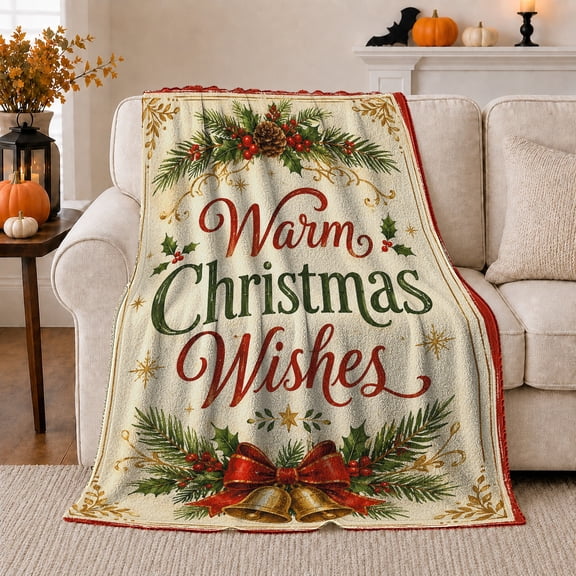 Christmas Wishes Festive Pinecone Bell Design Red Gold, Festive Holiday Scene, Warm Flannel Blanket for Living Room and Reading Nook, Art Lovers Christmas Gift, Festive Home Decor
