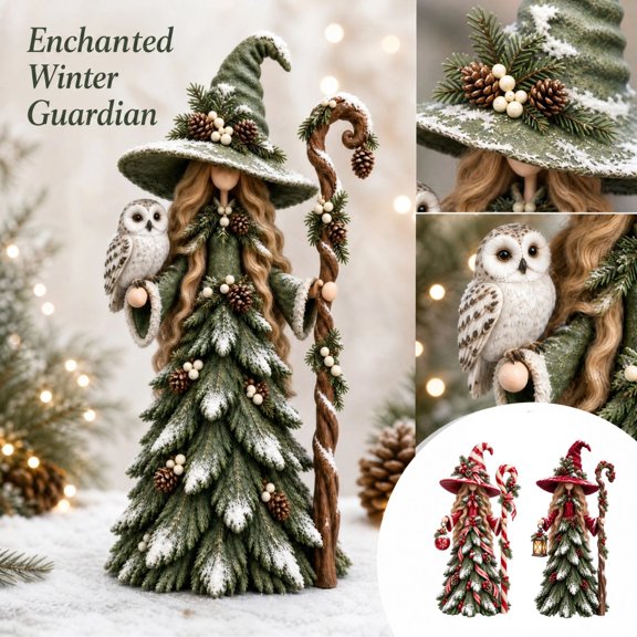 Christmas Witch Figurine Tabletop Decoration Forest Elf Statue with Snowy Pine Dress Red Hat and Lantern for Indoor Home Holiday Display