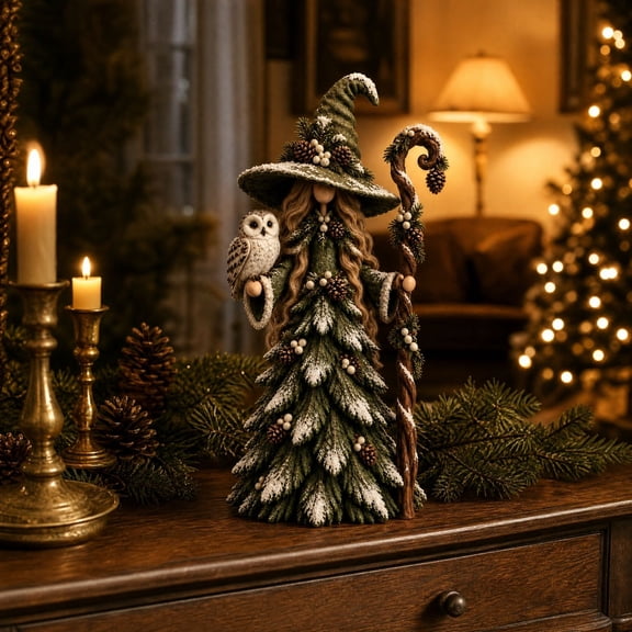 Christmas Witch Tree Figurine, Green Owl Witch Resin Holiday Decoration with Staff, 8.66 × 4.72 in, 1 Pc