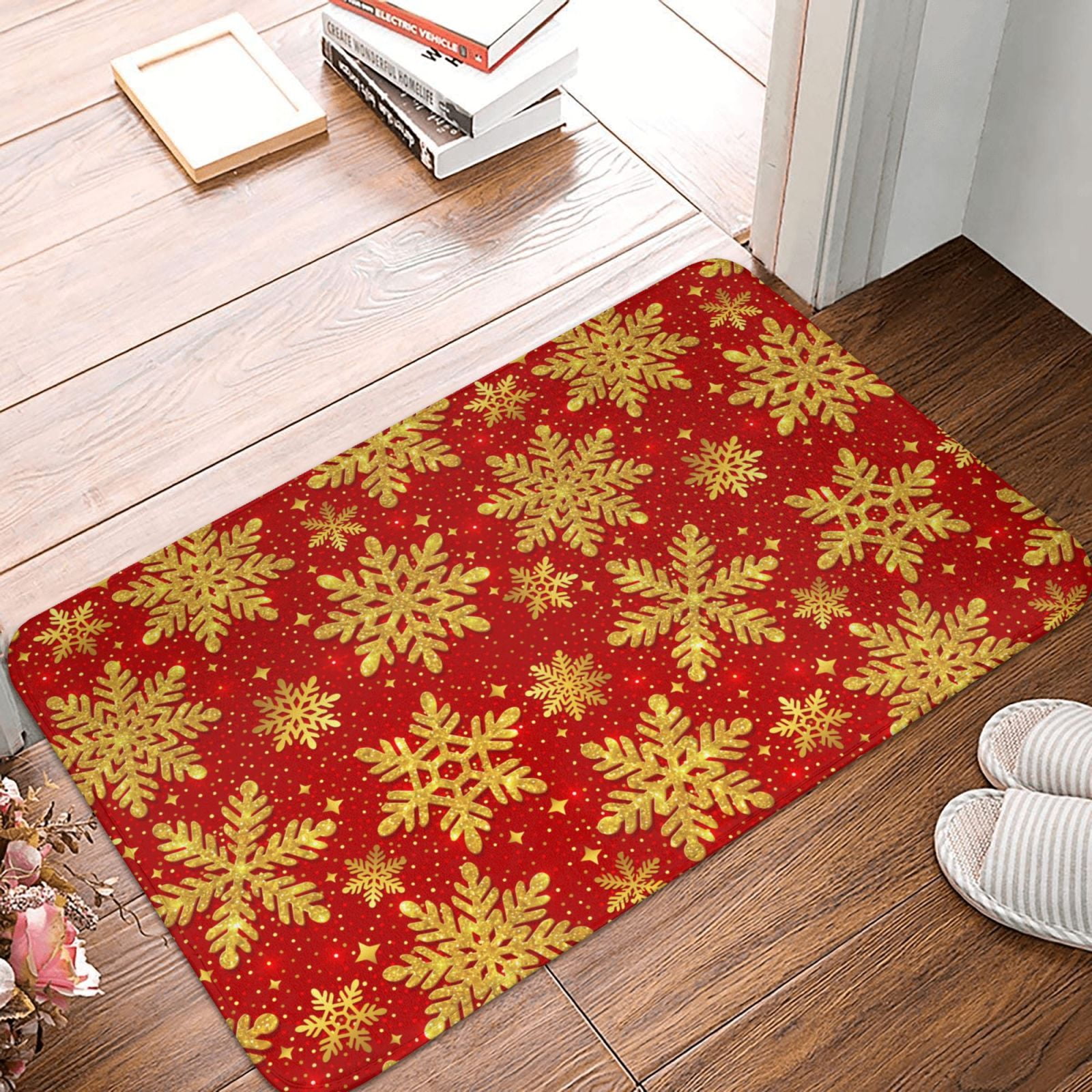 Christmas With Gold Snowflakes Front Door Mat, Front Door Mat Indoor