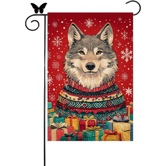 Christmas Wolf Garden Flag 12x18 Inch Double Sided Outside Christmas Gift Winter Red House Flag Holiday Yard Outdoor Decorative Flag (25881)
