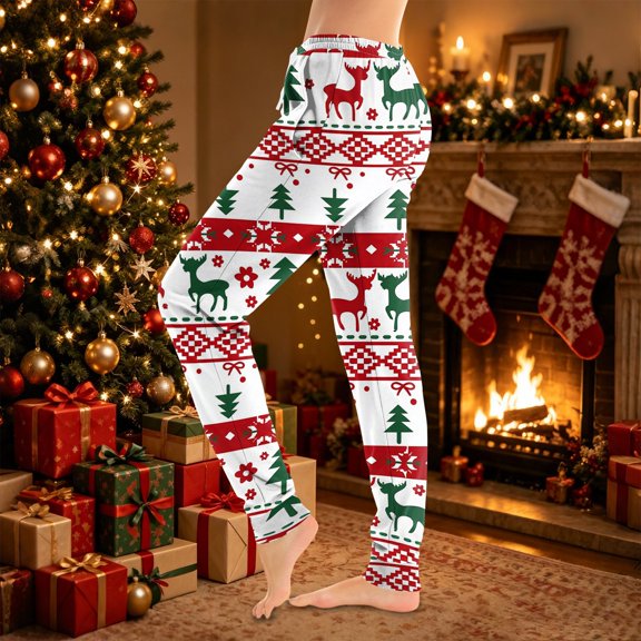 Christmas Women Drawstring Sleep Pants Festive Holiday Printed Casual Lounge Trousers with Pockets and Cuffed Ankles Winter Slumber Homewear Bottoms